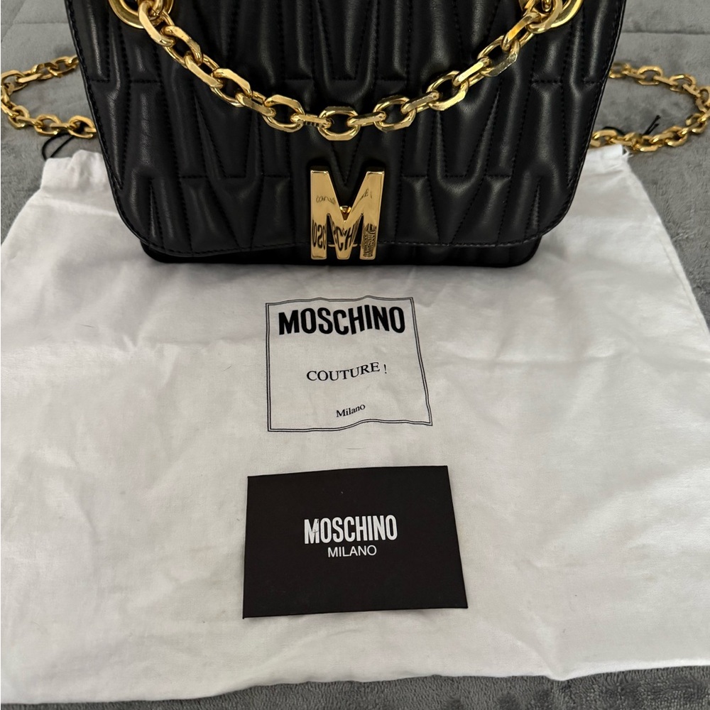 Moschino Black Quilted Shoulder Bag with Gold Accents